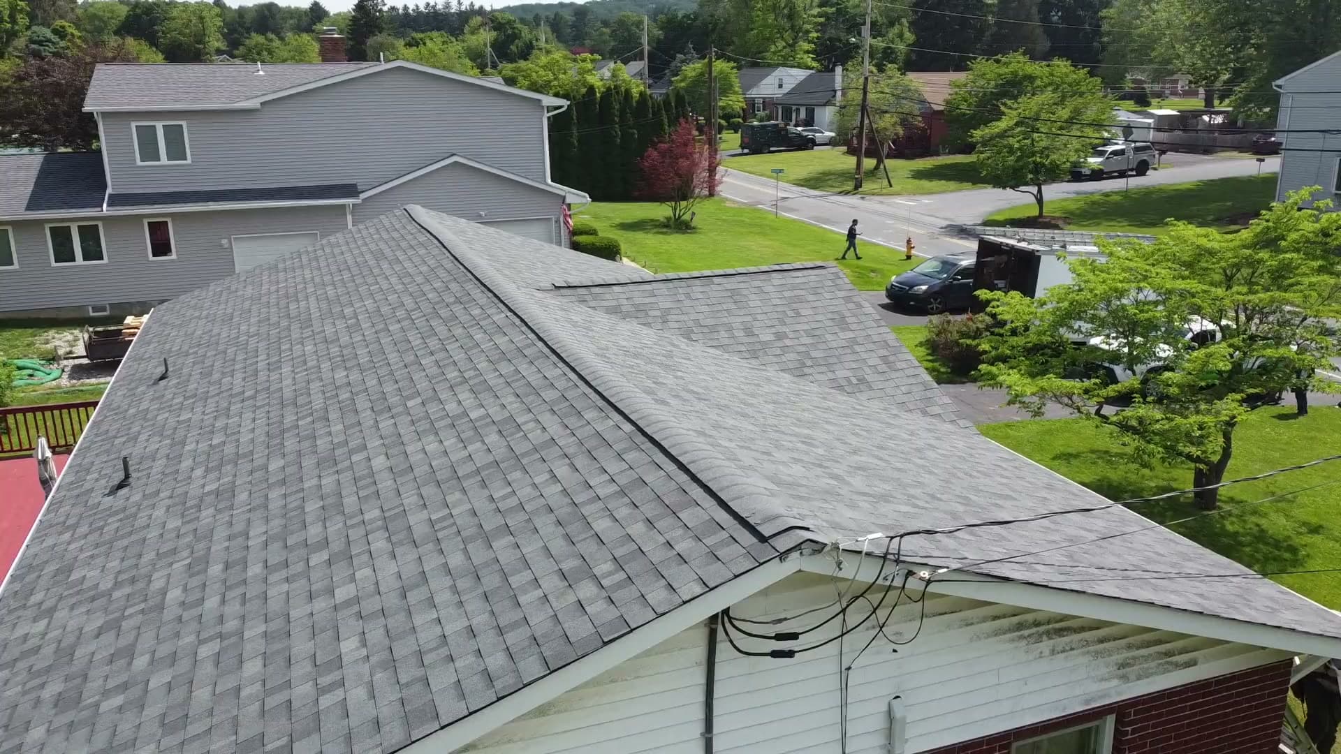 Aerial view of a completed E&K Contracting roof replacement on a southeastern PA home